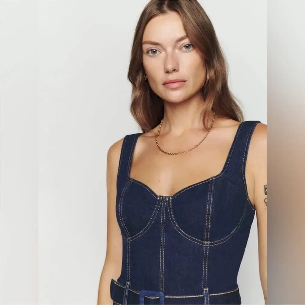 NEW Reformation Joanne Belted Denim Dress in a dark wash